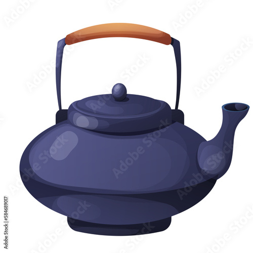 Japanese kettle, teapot traditional ceramic in cartoon style isolated on white background. 