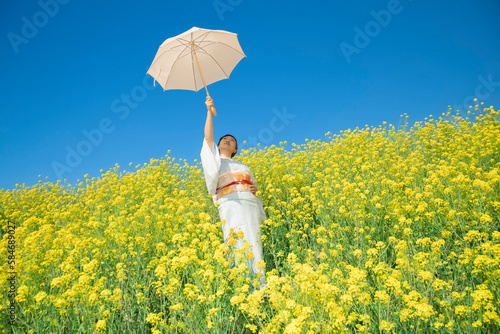 Japanese woman in a beautiful yellow flowers field