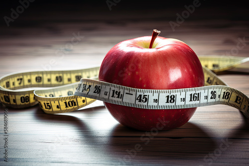 Generative AI Illustration of an apple surrounded by a tape measure. Concept of diet and weight loss and healthy eating