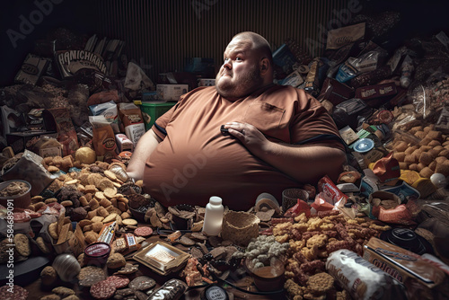 Generative AI Illustration of an obese man surrounded by junk food. Concept on the problem of obesity in the population and poor nutrition