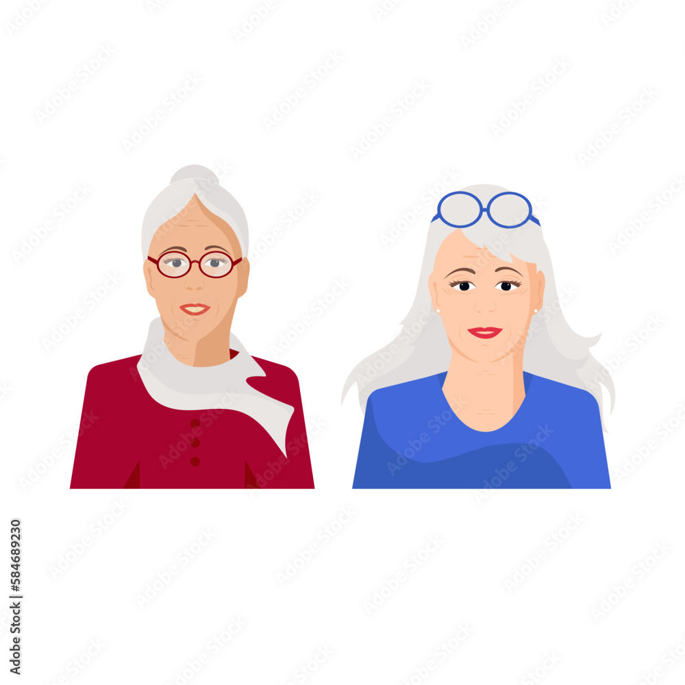 Grandmother, an elderly woman with gray hair. Portrait in a flat style Grandmother, an elderly woman with gray hair. Portrait in a flat style