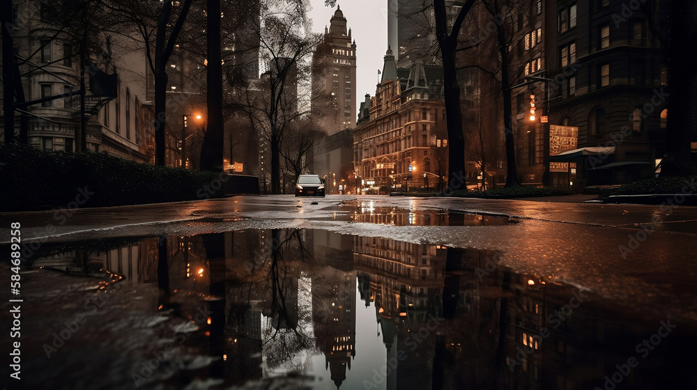 A_photo_of_the_city_reflected_in_a_pond_in_a_rainy_New_York_Generated with Midjounrey AI
