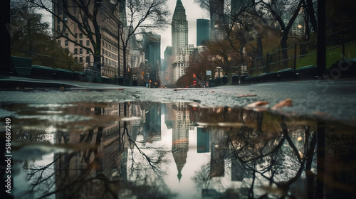 A_photo_of_the_city_reflected_in_a_pond_in_a_rainy_New_York_Generated with Midjourney AI