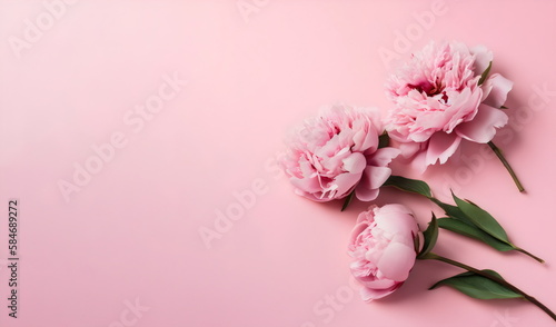 3 peonies in corner with pink background copy space, made with generative ai