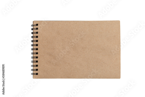 Open spring notepad with craft brown sheets. Creativity and drawing. Close-up. Isolated on white background. Top view. Space for text. © Анна Демидова