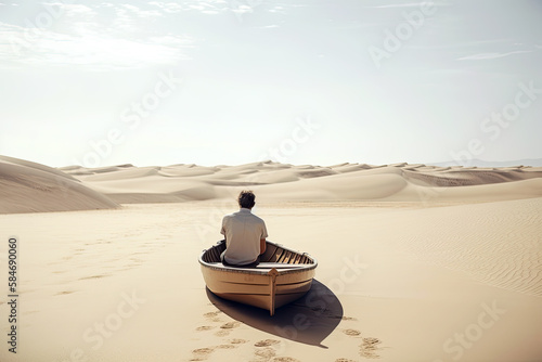 Fototapeta Generative AI Illustration of an unrecognizable man inside a wooden boat in the middle of the desert in a minimalist and surreal dream image
