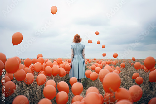 Generative AI Illustration of a woman on her back surrounded by balloons in a minimalist and surreal dreamlike image. Conceptual artwork about the world of dreams