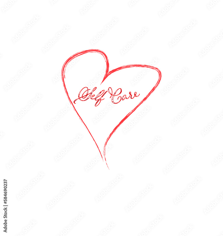 Handwritten heart in red with self care written inside. PNG file