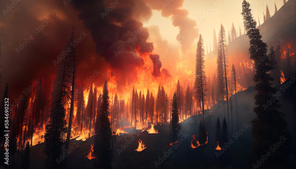 Fire in the forest, Forest fires, Climate change, Global Warming, Generative AI