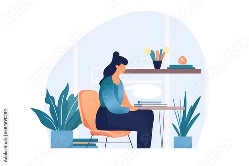 Home Office - Freelance Woman Working from Home - Flat Vector Illustration