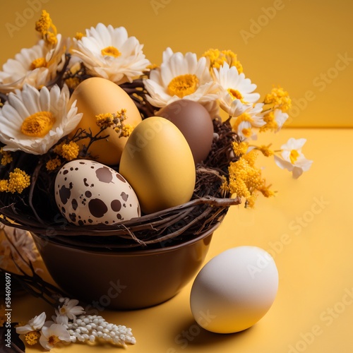 Easter composition eggs, flowers, on an orange table