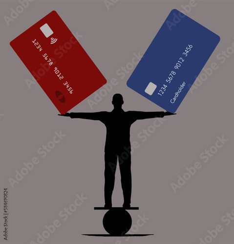 A silhouetted man holds two credit cards as he compares their perks and rewards and determines which is best.