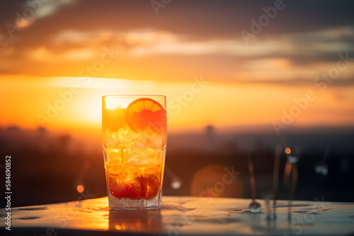 Illustration of lemonade on a orange background. Summer refreshing drink. With Generative AI tehnology