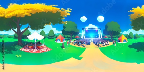Photo of a colorful cartoon illustration of a lively festival in the park