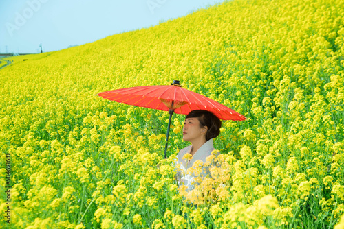 Japanese woman in a beautiful yellow flowers field