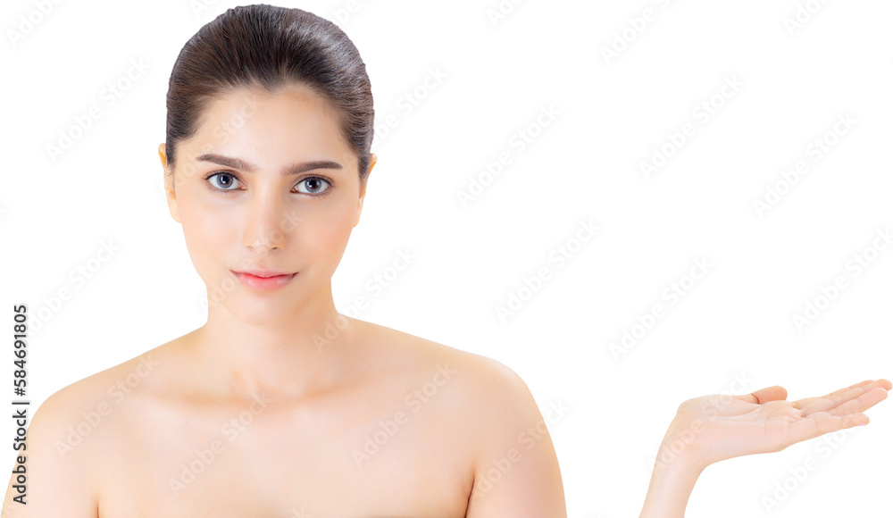 Asian portrait beautiful young woman showing with healthy clean skin presenting something empty copy space on the hand, beauty concept. Asian portrait beautiful young woman showing with healthy clean skin presenting something empty copy space on the hand, beauty concept.