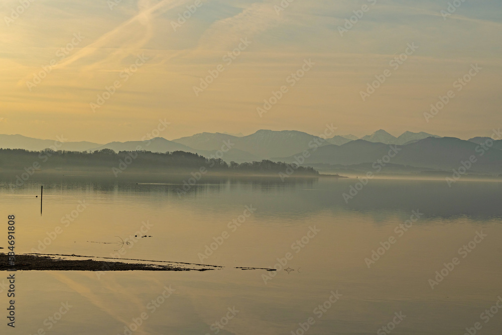 view over Chiemsee lake with the alps at the horizon