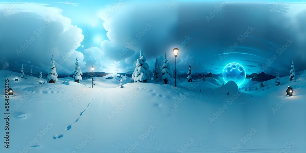 Photo of a winter wonderland with snow covered streets and glowing streetlights under a magical sky