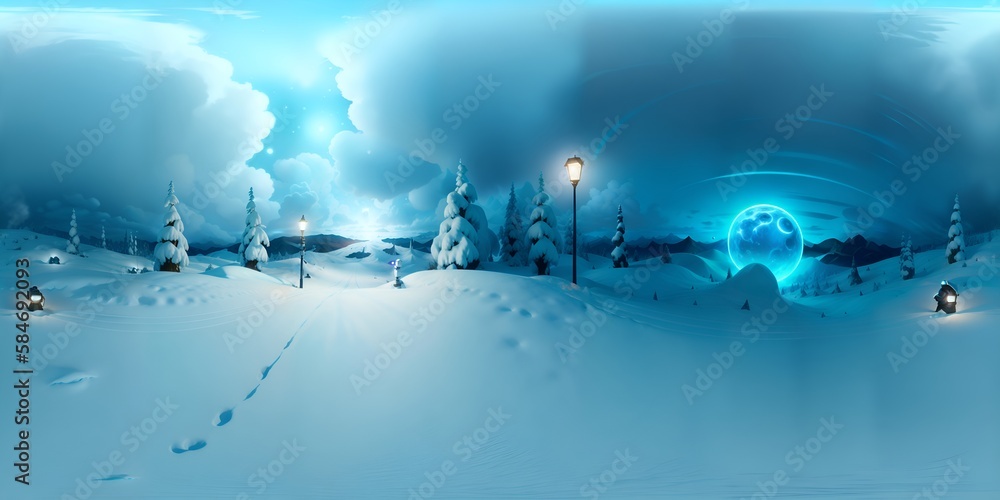Photo of a winter wonderland with snow covered streets and glowing streetlights under a magical sky Photo of a winter wonderland with snow covered streets and glowing streetlights under a magical sky