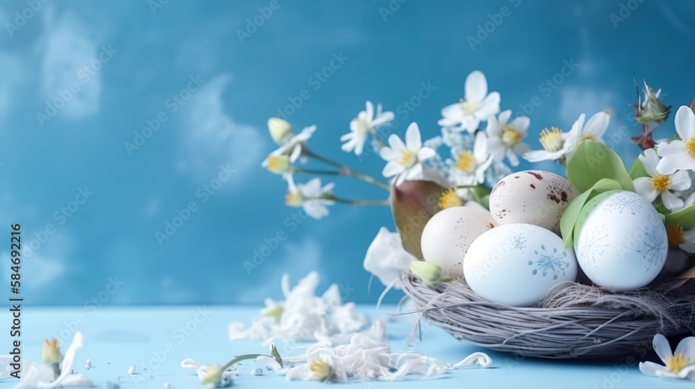 Easter eggs and flowers on wooden planks. Generative AI