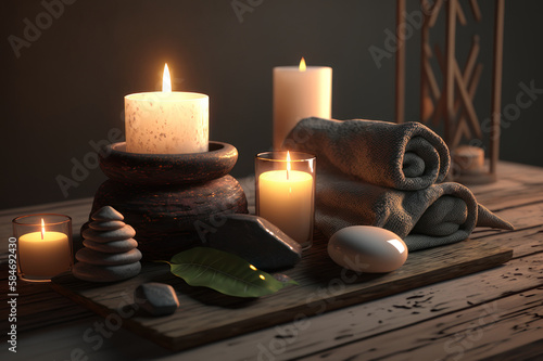 Candles and towels. Spa. AI generative.