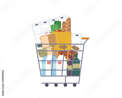Shopping cart full of grocery stuffs isolated on white background. Illustration for supermarket, shopping, lifestyle , market, buying, retail store, hoard, gourmet. Flat vector style trolley.