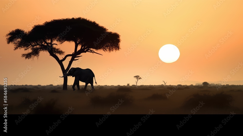 Africa sunset and tree and elephant, generative AI