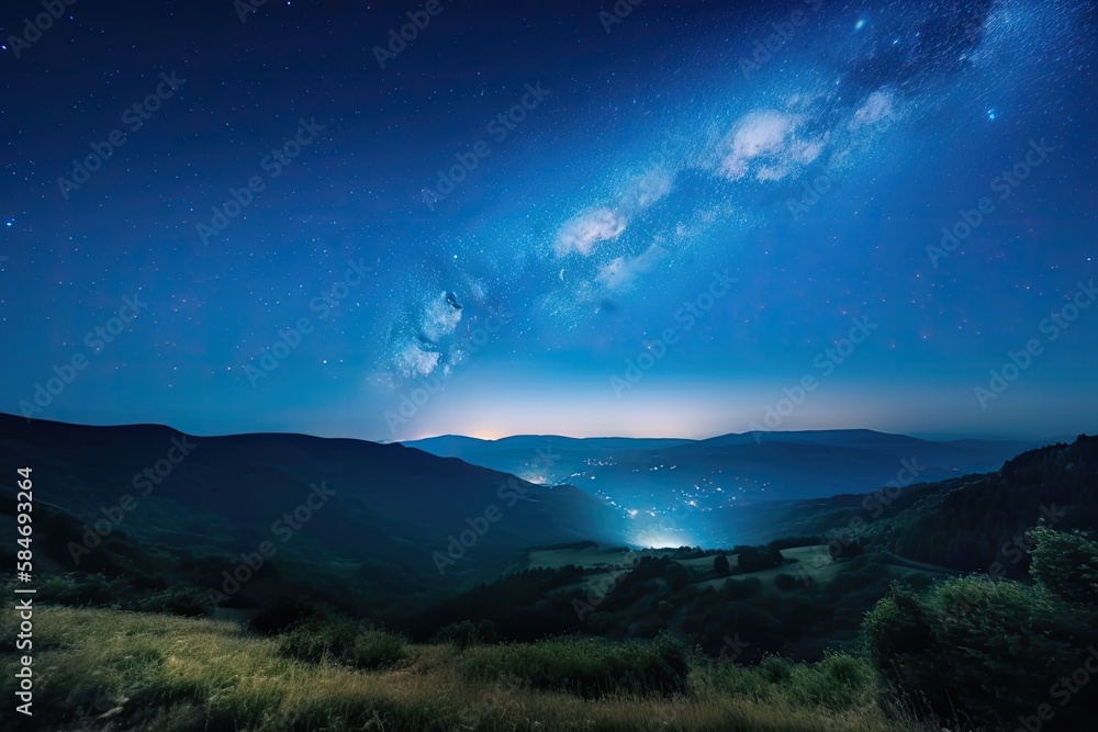 Landscape with blue Milky Way. Night sky with stars and hills at summer. Beautiful universe. Amazing universe. Space background. Beautiful galaxy. Generative AI