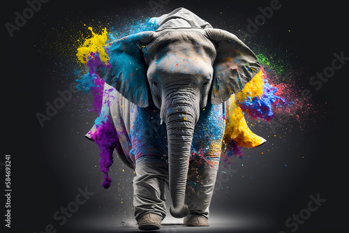 Elephant in a scratchy hoody surrounded by a vivid color bomb explosion background, ultra-realistic rendering, ideal for colorful wall art, home décor, and gifts for animal lovers. Generative AI