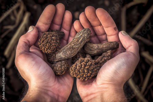 Hands hold freshly picked morel mushrooms in Montana. Generative Ai