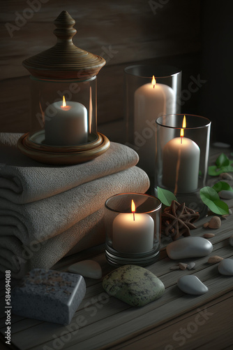 Candles and towels. Spa. Vertical illustration. AI generative.