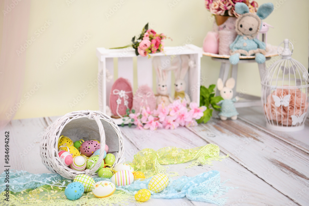 Easter decoration with bunnies and Easter eggs Easter decoration with bunnies and Easter eggs