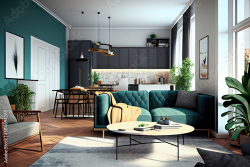 Modern bright interiors apartment living room 3d rendering illustration. Generative Ai
