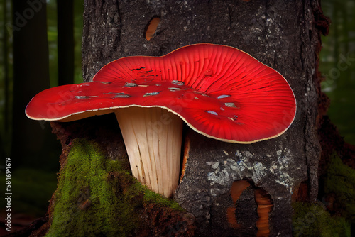Red-belted conk (Fomitopsis pinicola) mushroom on a tree trunk. Generative Ai