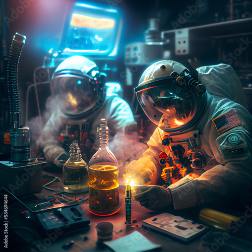 In the picture, there are astronauts in a laboratory surrounded by various equipment and tools. The astronauts are wearing their space suits, and some of them are holding test tubes filled.