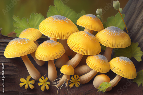 Mushroom, Hypholoma fasciculare, commonly known as the sulphur tuft or clustered woodlover. Generative Ai
