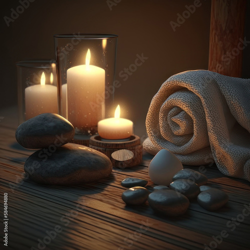 Candles and towels. Spa atmosphere. AI generative.