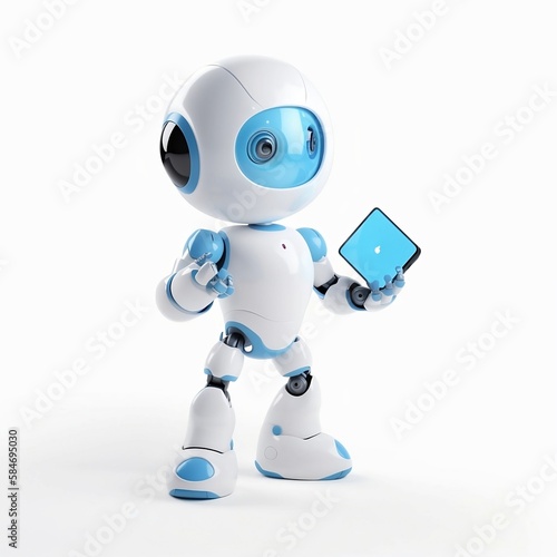 A friendly chatbot character, standing against a plain background. It has a circular body and two arms, one of which is holding a small tablet.