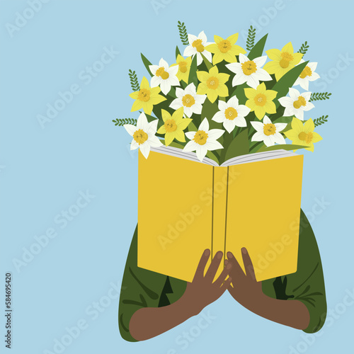 African american man holding book with flowers. Book lover concept. Teacher's Day. Vector illustration