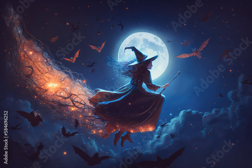 A witch flying on a broomstick, with bats accompanying her in front of the full moon. Digital painting. (ai generated)