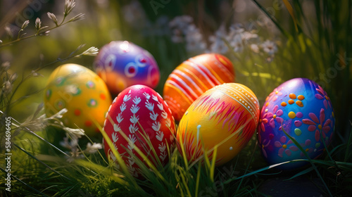 Classic Colorful easter eggs lie on young grass, ai generative
