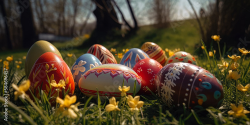 Classic Colorful easter eggs lie on young grass, ai generative