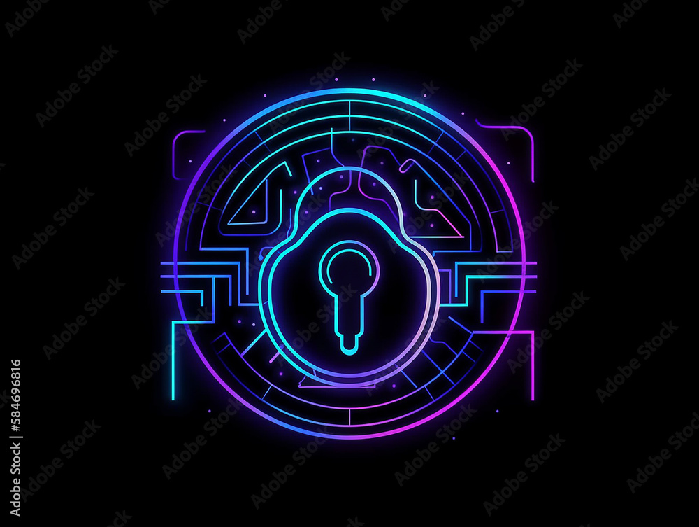 Fototapeta premium Lock, cyber security concept abstract neon style illustration on black background. Generative AI