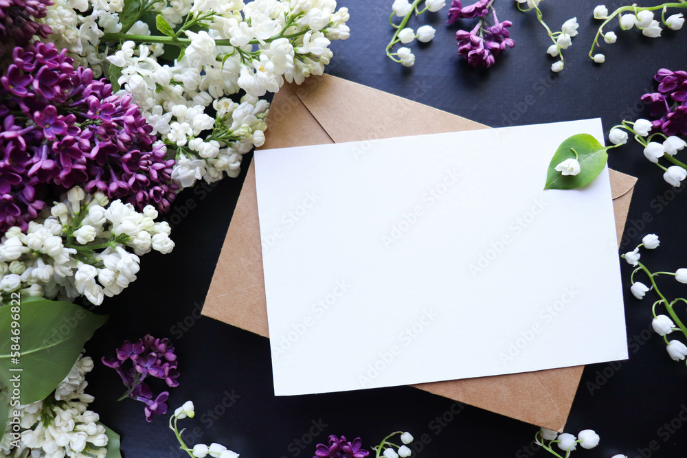 greeting card layout. lilac bouquet and space for text greeting card layout. lilac bouquet and space for text