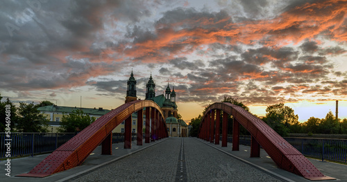 Panorama of Bishop Jordan Bridge over Cybina River and Poznan Cathedral, Poznan, Poland.