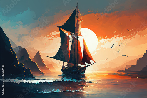 illsutration painting or oil painting on canvas , sailboat against a background of sea (ai generated)