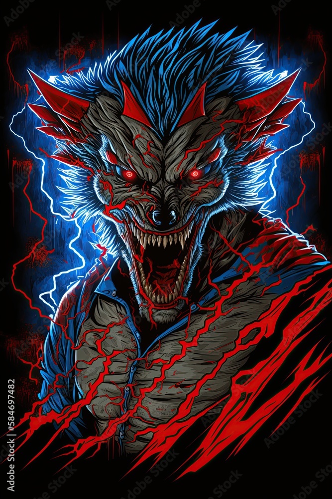 Scary werewolf poster, tshirt design. Isolated on black background. Ai generative
