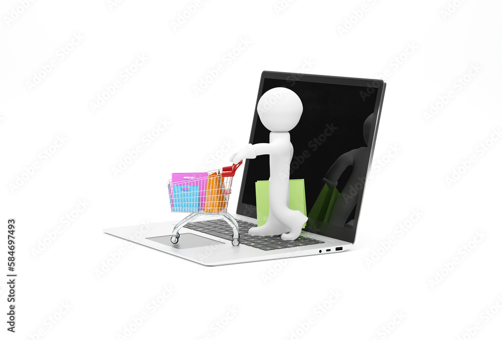 Small character with a shopping cart on a laptop computer Small character with a shopping cart on a laptop computer