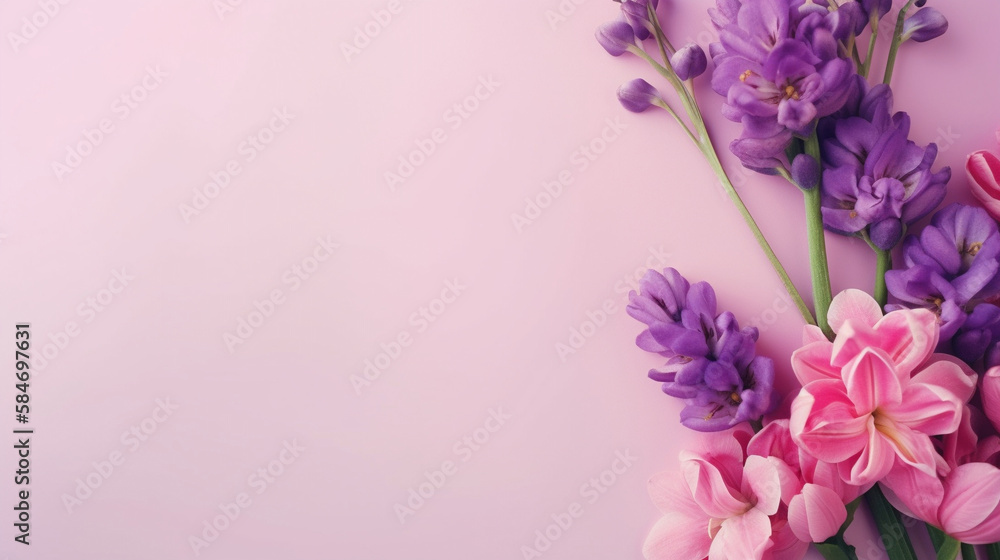 Top view of spring flowers on a background of violet, lilac and purple tones. Generative AI