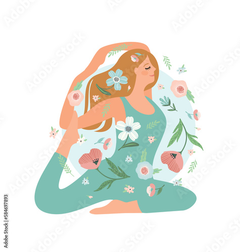 Woman doing yoga.Self care, self love, harmony. Isolated illustration.